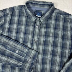 PrAna Holton Long Sleeve Mens XL Blue Plaid Button‎ Front Organic Cotton Casual